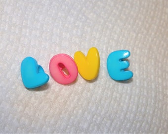 Love L-O-V-E Buttons 3/8" Shank Back Vintage Buttons Blue Yellow Pink Set of 4 Alphabet Buttons Old Store Stock