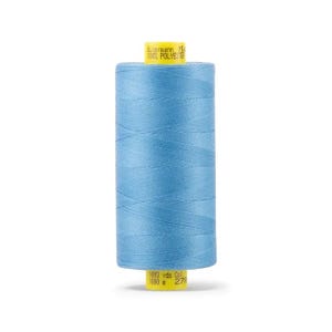May include: A spool of light blue thread. The thread is wrapped around a cylindrical core with yellow labels at the top and bottom. The top label reads "Gutermann Made 100% POLYESTER". The bottom label indicates 1000 m of thread.