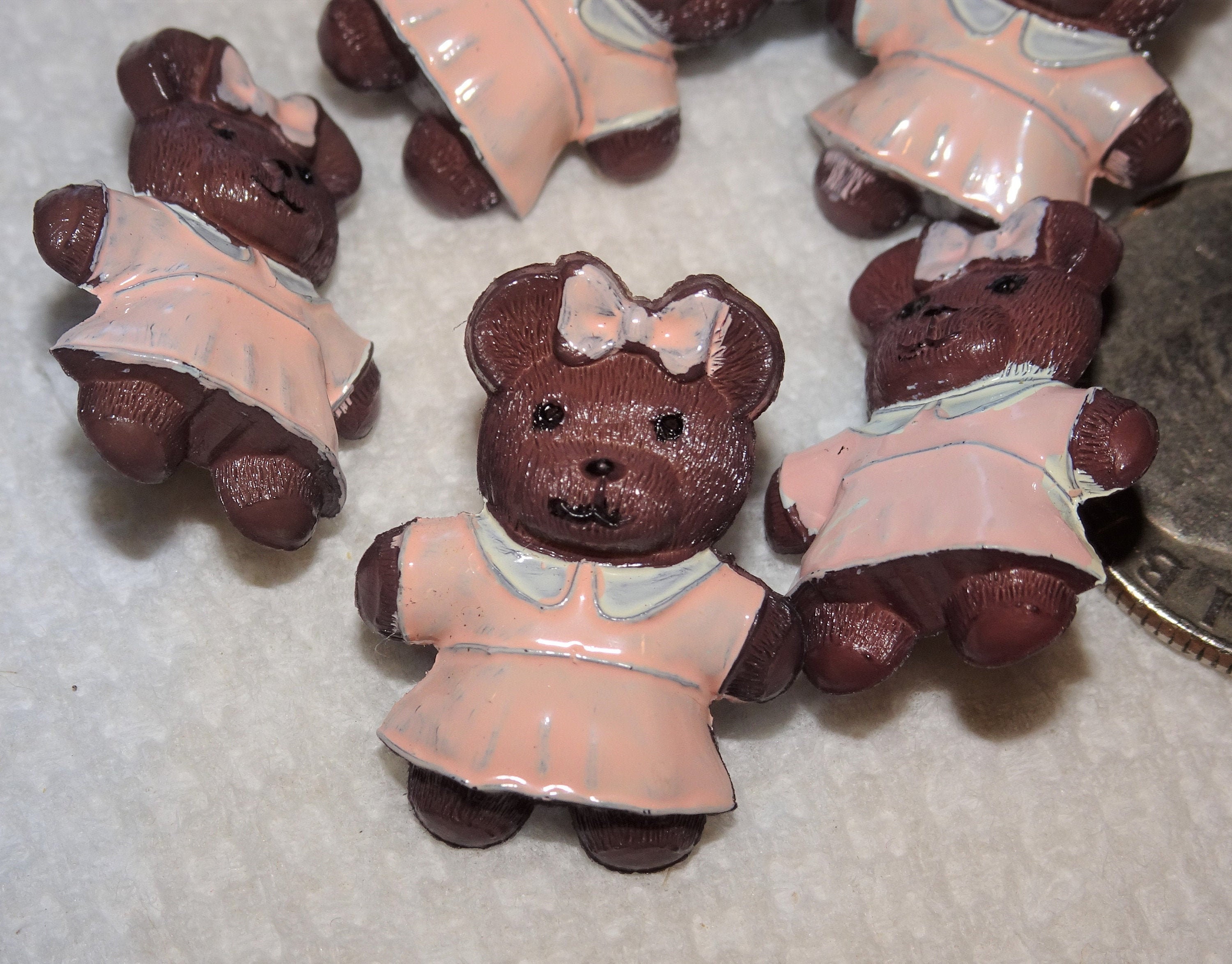 Vintage TEDDY BEAR Buttons Brown with Pink Dress & Hair Bow Etsy