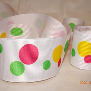 Cinta de grosgrain blanca de 3,8 cm (1-1/2") con lunares multicolores (stock antiguo de tienda), 2 piezas precortadas.