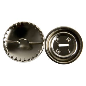 May include: Two silver metal snap fasteners, one with a prong and the other with a hole marked "Pry" and "W" on the top and "R" and "Y" on the bottom.