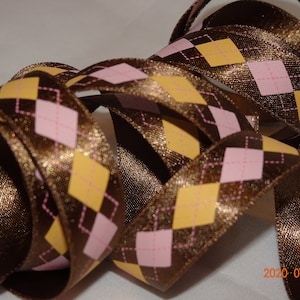 3yd 1/2" argyle satijnen lint bruin roze en goud oude winkelvoorraad