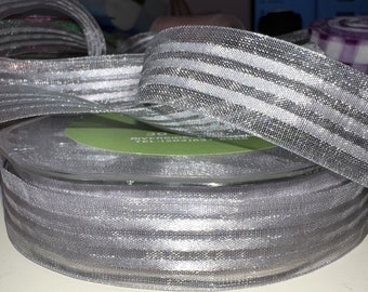 5/8" Silver Organza Satin stripes Ribbon Sheer BTY