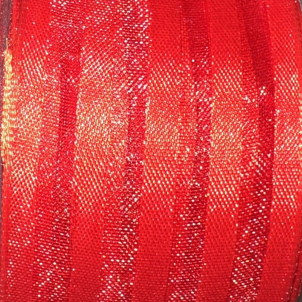 1-1/2" Red Organza & Satin Stripes Wire Edge Ribbon Sheer BTY