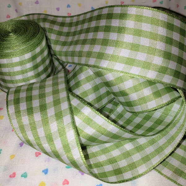 1-1/2" LIME GREEN Gingham Taffeta Ribbon Vintage Old Store Stock BTY