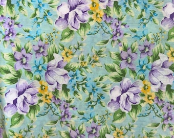 Purple Magnolias Blue & Yellow Flowers on Pale Green Fat Quarter