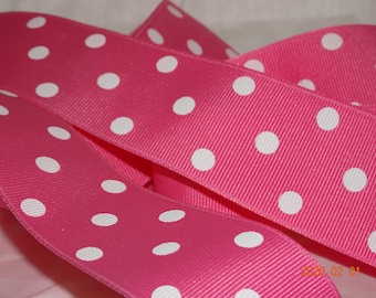 1-1/2 « Ruban Grosgrain Rose Chaud Blanc Grands Pois Vieux Magasin Stock BTY