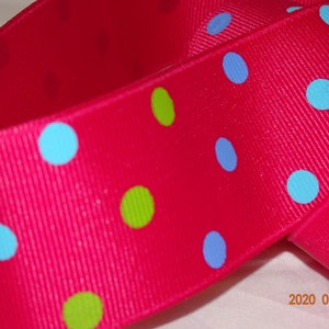 1-1/2 "Hot Pink Grosgrain Ribbon Blauw &Groene Polka Dots Oude Winkel Voorraad op maat gesneden