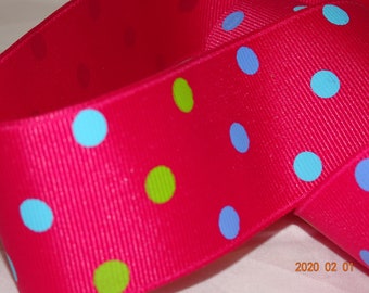 1-1/2" Hot Pink Grosgrain Ribbon Blue & Green Polka Dots Old Store Stock By the Yard