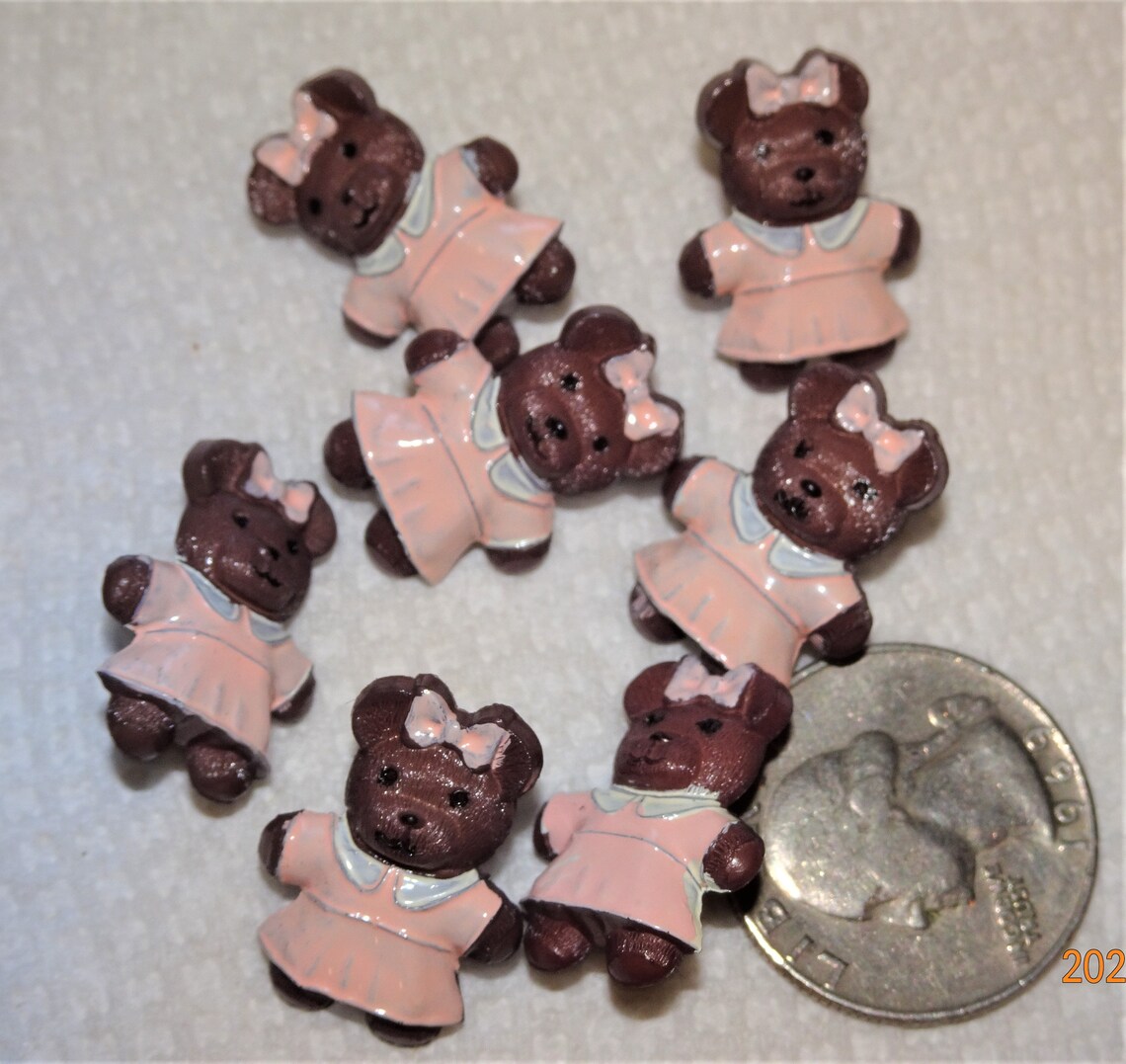 Vintage TEDDY BEAR Buttons Brown With Pink Dress & Hair Bow Etsy
