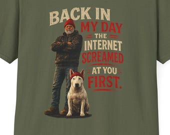 Camiseta "En mis tiempos": Divertida camiseta de papá gruñón con un hombre y un perro.