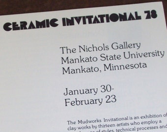 Vintage Art Show brochure Mudworks Ceramic Invitational '78 The Nichols Gallery Mankato State University Mankato Minnesota