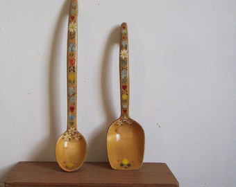 Vintage hand carved spoons hand painted Scandinavian hearts and flowers hanging spoons folk art wood spoons
