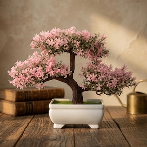 Künstlicher Bonsai-Baum in Rosa | Mini-Kunstpflanze für den Schreibtisch | Japanische Zen-Bürodekoration | Kleine Topfpflanze als Geschenk
