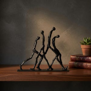 Abstract Walking Cast Iron Figurines | Minimalist Metal Sculpture Statue | Modern Home Office Library Table Decor Gift