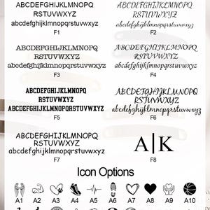 May include: A white page displays font and icon options. Font options include various styles of uppercase and lowercase letters. Icon options include wings, hearts, a shoe, a soccer ball, and a star.