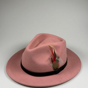 May include: A dusty rose fedora hat with a black band and a decorative feather. The hat has a wide brim and a classic shape. The feather is red, yellow, and green. The hat is a stylish accessory.