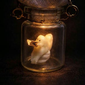 以下が含まれることがあります： 金属製の蓋が付いた小さなガラス瓶の中に、小さな白い鳥のような置物が入っています。置物は「A」の文字が書かれた小さな紙を持っています。瓶はチェーンで吊り下げられており、柔らかく温かい光を放っています。