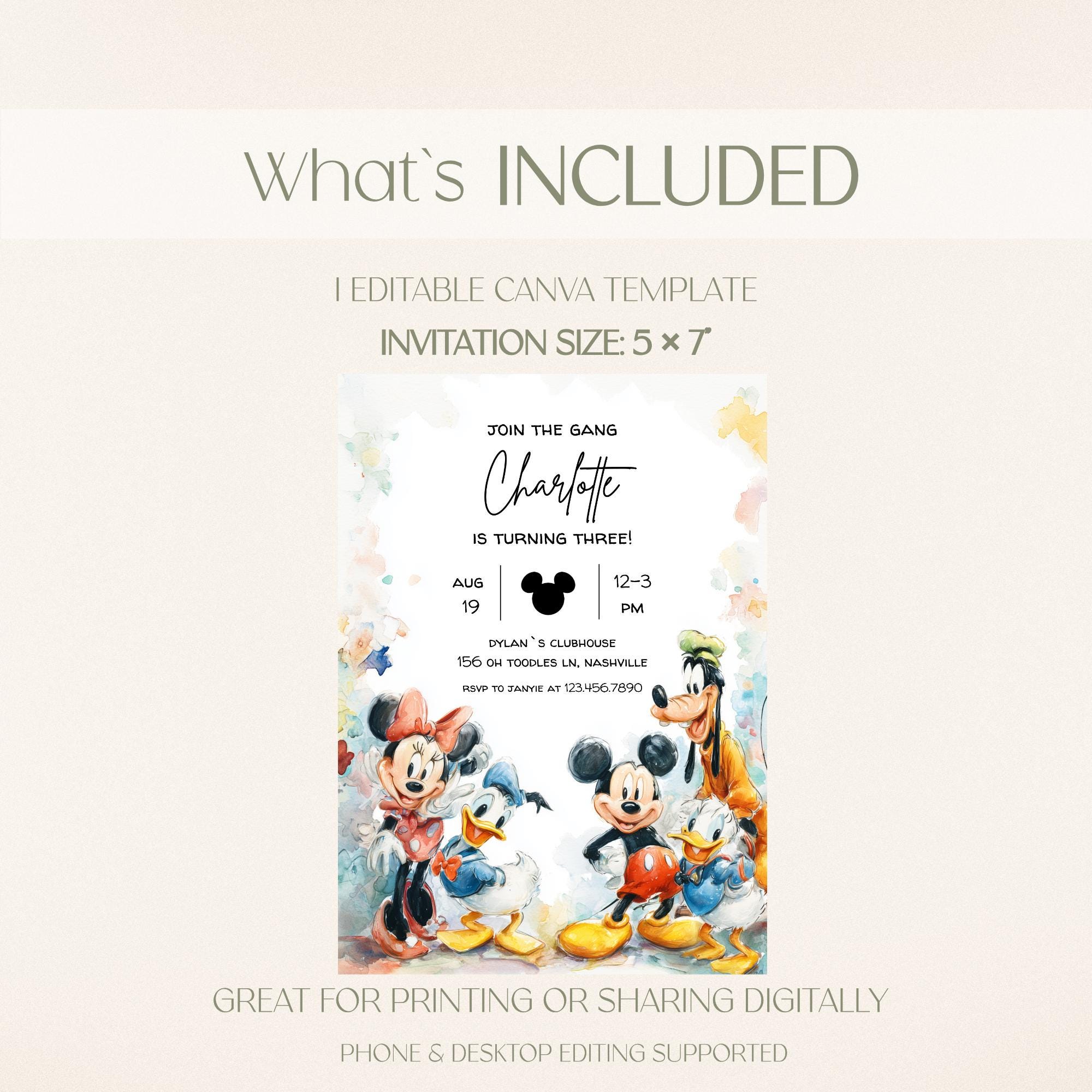 Mickey Mouse Birthday Invitation, Editable Canva Template (5x7 ...
