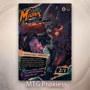 May include: A custom Magic: The Gathering proxy card featuring Midna, Lotho, Corrupt Shirriff. The card displays a dark-skinned character with long orange hair wearing a large grey helmet, with text detailing a 2/1 Legendary Creature Halfling Rogue.