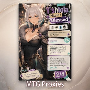 Könnte beinhalten: Fantasy-Karte mit einer katzenartigen Figur namens Y'shtola, mit weißen Haaren und blauen Augen, in einem schwarzen Kleid und einem pelzbesetzten Umhang. Die Karte enthält Text wie "Night's Blessed" und "Legendary Creature - Cat Warlock."