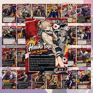 Op de afbeelding: Een verzameling ruilkaarten met anime-stijl personages, met een centrale kaart van Himiko Toga met het label Loki, the Deceiver. De kaarten tonen diverse figuren, tekst en spelstatistieken in een levendige, veelkleurige lay-out.