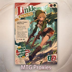 May include: A collectible trading card featuring an illustration of a blonde elf scout in a green hooded cloak and brown leather gear, holding a crossbow. The card includes text such as Linkle, Ruby, Daring Tracker, and Hah! I'm pretty awesome, right?