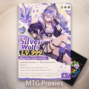 May include: A rectangular trading card featuring an anime-style character with long grey hair and blue sunglasses, wearing a purple and white jacket. The card displays the text Silver Wolf LV.999, Elesh Norn, Grand Cenobite, and game statistics.
