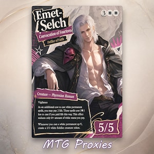 May include: A collectible trading card featuring an illustration of a white-haired character named Emet-Selch, Convocation of Fourteen, Defiler of Faith. The card displays game text, a 5/5 power and toughness, and a dark cloak over a white shirt.