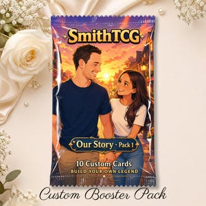 May include: A rectangular trading card booster pack titled SmithTCG Our Story Pack 1. The packaging features an illustration of a couple holding hands at sunset, with the text 10 Custom Cards and BUILD YOUR OWN LEGEND printed on the front.
