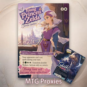 May include: A custom Magic the Gathering proxy card featuring Young Princess Zelda in a purple outfit with a castle background. The card text includes the name Jennifer Walters, game stats, and the quote Young love will become deep affection. A second card showing Sheik is partially visible.