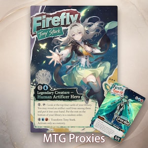 May include: A rectangular trading card featuring an anime-style character with long silver hair, wearing a white and teal outfit, titled Firefly Tony Stark. A smaller card shows a mechanical suit labeled Fyrefly Type-IV The Invincible Iron Man.