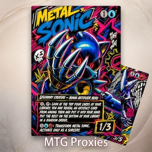 May include: A collectible trading card featuring Metal Sonic with blue metallic armour and glowing red eyes. The card displays the text Metal Sonic, Legendary Creature, and game rules in a vibrant graffiti-style background with pink and blue accents.