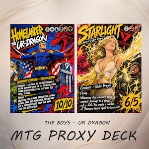 May include: Two custom Magic: The Gathering proxy cards featuring The Boys characters. The left card shows Homelander as The Ur-Dragon with 10/10 stats. The right card shows Starlight as Ancient Copper Dragon with 6/5 stats. Text includes Vought branding.