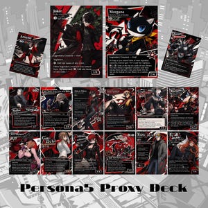 May include: A collection of Persona 5 themed trading cards featuring various characters like Joker, Morgana, and Arsene. Each card displays detailed character illustrations, text, and game statistics in a black, white, and red colour scheme.