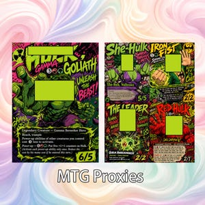 Könnte beinhalten: Eine Sammlung von fünf individuellen Sammelkarten mit Comicfiguren wie Hulk, She-Hulk, Iron Fist, The Leader und Red Hulk. Die Karten zeigen lebendige neon-grüne, pinke und schwarze Grafikdesigns mit Text und verschiedenen Spielstatistiken.