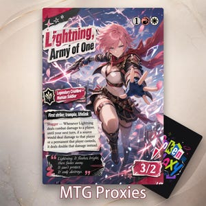 May include: A collectible trading card titled Lightning, Army of One featuring an anime-style character with pink hair in combat gear. The card displays text including Legendary Creature, Human Soldier, First strike, trample, lifelink, and a quote about lightning. It has a 3/2 power and toughness rating.