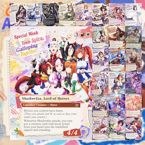 May include: A collection of trading cards featuring anime-style characters with horse ears, centered around a large card titled Shadowfax, Lord of Horses, which displays a group of seven female characters in colorful outfits and game text.