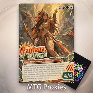 May include: A Magic: The Gathering trading card featuring Pantlaza, Sun-Favored, a legendary creature dinosaur. The artwork depicts a warrior in ornate tribal attire with a spear, surrounded by dinosaurs and ancient ruins under a bright sun.