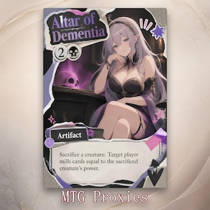 May include: A rectangular trading card titled Altar of Dementia featuring an anime-style character with long light purple hair, wearing a black outfit. The card includes a skull icon, the text Artifact, and game rules about sacrificing a creature.