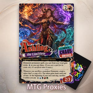 May include: A trading card titled Ashling, the Limitless featuring a central figure with horns surrounded by swirling orange, purple, and blue magical energy. The card text includes Elemental Chaos Sorceress, rules, and a 2/3 power and toughness.
