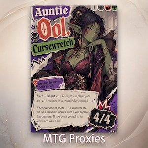 May include: A collectible trading card featuring the character Auntie Ool, Cursewretch, a green-skinned goblin warlock with dark hair. The card displays purple and black accents, a skull icon, and text detailing game abilities and a 4/4 power rating.