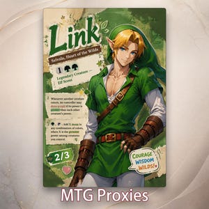 May include: A rectangular trading card featuring an illustration of a blonde elf character wearing a green tunic, hood, and brown leather gauntlets. The card displays the text Link, Selvala, Heart of the Wilds, Legendary Creature, Elf Scout, and game rules.