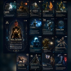 Puede incluir: Una colección de cartas coleccionables de fantasía con temática oscura que presenta ilustraciones intrincadas de personajes y hechizos mágicos. Cada carta muestra títulos únicos como Sereza, The Paradox, Banish y Grimoire, con texto detallado, símbolos de maná y bordes ornamentados sobre un fondo negro profundo.