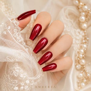 Handmade Red Cat Eye Coffin Nails, Deep Ruby Chrome Glossy Press On Set