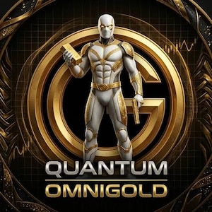 Puede incluir: Una figura con armadura blanca y dorada se encuentra frente a un gran emblema circular dorado. La figura sostiene un lingote de oro en una mano y una pistola dorada en la otra. Debajo de la figura, el texto dice QUANTUM OMNIGOLD en letras metálicas.