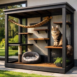 May include: A large, dark-stained wooden cat enclosure with multiple levels, a rope bridge, and a scratching post. A fluffy brown and black cat sits on a wooden shelf. The enclosure includes a gray cat bed and a small potted plant.
