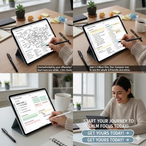 May include: A tablet with a stylus is shown in multiple views, displaying a productivity app with to-do lists and mind maps. The text on the screen reads "Focus & Flow" and "Start your journey to calm focus today!" The tablet is on a wooden table.