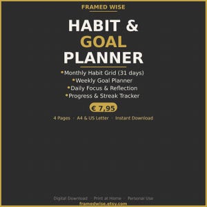 Op de afbeelding: Een digitale gewoonte- en doelplanner met een zwart en goud ontwerp. De planner bevat een maandelijkse gewoontegrid, een wekelijkse doelplanner, dagelijkse focus en reflectie en een voortgangstracker. De tekst "HABIT & GOAL PLANNER" is prominent aanwezig.