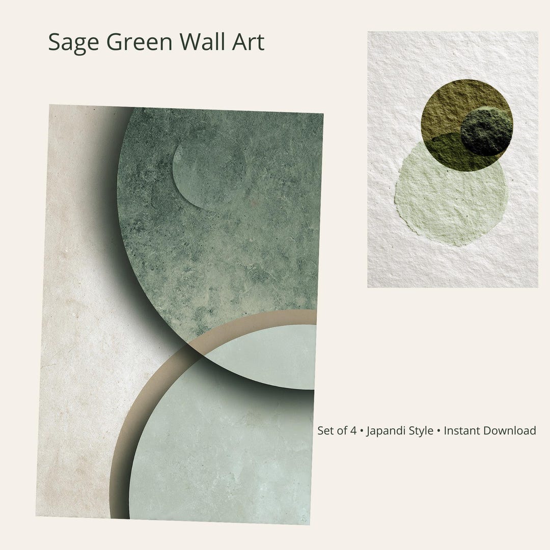 Sage Green Japandi Wall Art Set of 4, Minimalist Abstract Digital ...